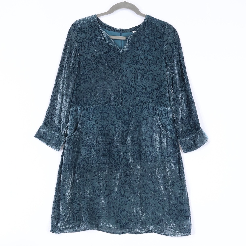 Garnet Hill Burnout Velvet Dress Womens 16 Blue Silk Blend Paisley Witchy Boho